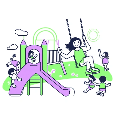 Tracy Beaker is playing joyfully at a playground. She is swinging high on a green swing, her hair blowing in the wind. Nearby, there is a large purple slide with a child climbing up the ladder. Brightly colored play structures surround the area, including a climbing frame and sandbox. In the background, a group of children is running around, while a bright sun shines down, casting shadows on the ground. A sense of laughter and excitement fills the air.
