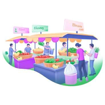 A vibrant street market scene filled with various stalls selling "fruits" and "vegetables." The stalls are adorned with colorful awnings and overflowing baskets of produce, including bright red tomatoes, yellow bananas, and green bell peppers. Shoppers are interacting with vendors, inspecting the goods, and filling their bags with fresh items. In the background, there are decorative signs displaying prices and labels. The atmosphere is lively, with people of different ages and backgrounds engaging in the bustling activity of the market.