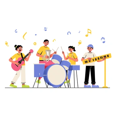 A group of four children is forming a band, each playing a different musical instrument. One child, a girl with curly hair, is energetically playing a bright red guitar. A boy with glasses is seated on a stool, focused on playing a shiny silver trumpet. Another child, a girl with pigtails, is skillfully drumming on a colorful blue drum set. Finally, a boy with a baseball cap is holding a yellow keyboard, pressing the keys with enthusiasm. The children are surrounded by a lively atmosphere, with music notes floating around them, illustrating their joy of making music together.