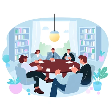 A roundtable made of dark wood is surrounded by several stakeholders engaged in conversation. Each individual is dressed in business attire, holding papers and pens, with some leaning slightly forward in interest. The cozy library setting features tall shelves filled with books, casting soft shadows. A warm, inviting light emanates from a chandelier hanging above, illuminating the table and creating a comfortable atmosphere. A large window shows a glimpse of lush greenery outside, enhancing the intimate ambiance. Various decorative items, like potted plants and small sculptures, are placed around the room, adding to the scholarly environment.