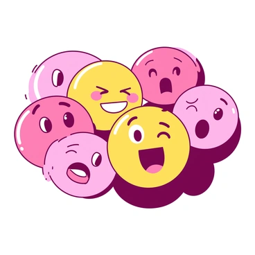 A vibrant composition depicts a playful array of faces modeled after different emojis. Each face features distinct expressions, including a smiling face with wide eyes, a winking face with a playful grin, and a face showing surprise with raised eyebrows. The colors of the faces are alternating in a harmonious pattern, with some in a sunny yellow and others in a bright pink. Each emoji face is rendered with a glossy finish, enhancing their cheerful appearance. The background softly contrasts, making the faces stand out prominently in the overall design.