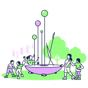 A public sculpture is located in a city park, designed to demonstrate magnetic forces in an interactive way. The sculpture features a large, circular base made of metal, with green and purple accents. Rising from the center, there are several tall, slender metal rods that curve gracefully upward. At the top of each rod, there are spherical shapes that appear to hover above the points, illustrating the effect of magnets. Surrounding the base, there are playful, stylized figures of children interacting with the sculpture, reaching toward the hovering spheres with expressions of curiosity. The park is filled with grassy areas and a few trees in the background, providing a peaceful setting for this engaging installation.