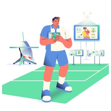 Roger Federer using a futuristic tennis training gadget, showcasing innovation in sports.