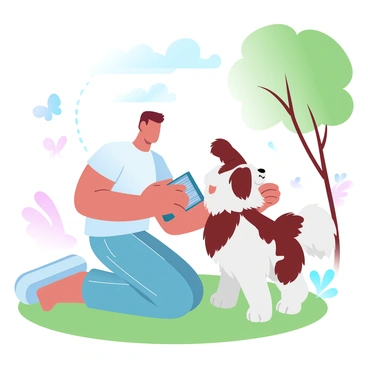 A person with short hair is brushing a fluffy dog with a thick coat in a sunny park. The dog has a wagging tail and is playfully leaning against the person. In the background, there are trees with vibrant green leaves and a few flowers blooming on the ground. Sunlight filters through the branches, casting soft, dappled shadows on the grass. The person is wearing a bright t-shirt and jeans, kneeling on the grass to reach the dog. A couple of butterflies flutter around them, adding a lively touch to the scene.