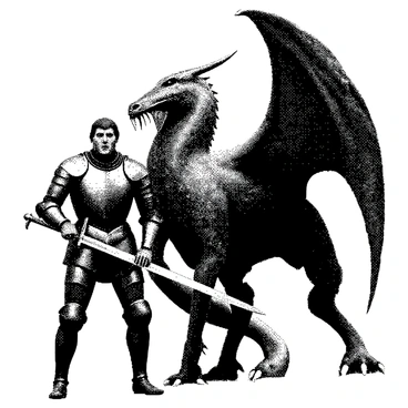 A knight in shiny armor is standing confidently, gripping a sword tightly in his right hand. He has a determined expression on his face, showcasing a strong jawline and focused eyes. The knight is in a defensive stance, his armor detailed with intricate designs. Opposite him, a towering dragon looms, its massive wings spread wide, casting a shadow over the knight. The dragon has fierce, piercing eyes and sharp claws, with textured scales covering its body. The scene captures a tense moment, highlighting the stark contrast in size between the knight and the dragon.