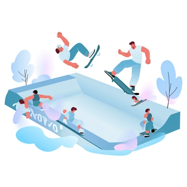 A group of friends is performing tricks on skateboards at a busy skatepark. One friend is executing a kickflip over a ramp, while another is grinding along a rail. A third friend is mid-air, attempting a trick above a half-pipe. The skatepark is filled with various skateboarders of all skill levels, and spectators are gathered around. Colorful graffiti decorates the walls surrounding the skatepark, and some trees are visible in the background, adding to the vibrant atmosphere.
