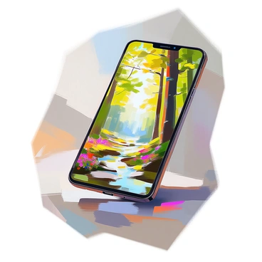 A smartphone screen is shown, with a vibrant forest scene filled with tall green trees, lush foliage, and dappled sunlight filtering through the leaves. The forest is detailed with colorful flowers and a small stream running through it. When the smartphone is turned upside down, the same forest scene subtly shifts and transforms into a face, incorporating elements of the scenery such as tree trunks forming the jawline and leaves shaping the hair. The transition blends seamlessly, creating a harmonious visual effect that connects nature with the human form.