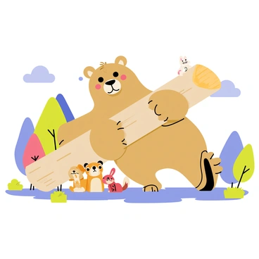 A cartoon bear with a light brown fur coat is in a playful stance, attempting to lift a large, thick wooden log. The bear's eyes are wide open, showing a mix of determination and humor. Its paws are gripping the log tightly, with small sweat droplets visible on its forehead, indicating the effort it is putting into the lift. The bear is surrounded by colorful trees and a bright blue sky, adding to the cheerful atmosphere of the scene. In the background, a few playful cartoon animals, like a rabbit and a squirrel, watch the bear with amused expressions.