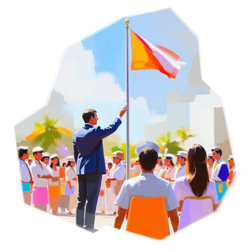 A flag-raising ceremony taking place in an open area, featuring a politician with short dark hair in a formal suit, standing confidently as he salutes the flag being raised. The flag is vivid, displaying bright colors, and is being hoisted on a tall flagpole. In the foreground, a diverse crowd of people, including men, women, and children, is gathered, watching attentively with expressions of pride and excitement. Some individuals are holding small flags, and others are wearing patriotic clothing. The scene captures the solemnity and significance of the moment.