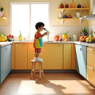A bright and cheerful kitchen filled with various fruits and vegetables on a countertop. A child with curly hair is standing on a stool, peering through a microscope. The microscope is placed on the counter beside a vibrant assortment of fruits, including red strawberries, yellow bananas, and green apples, as well as colorful vegetables like orange carrots and purple eggplants. Sunlight streams through a window, illuminating the kitchen and casting playful shadows across the scene. The child is wearing a colorful apron and is focused intently on the microscope, showcasing curiosity and excitement.