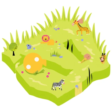 A yellow circular character resembling "Pac-Man" is navigating through a maze made of tall green grass. The maze has various twists and turns, with patches of dirt showing through the grass. Scattered throughout the maze are several wild animals, including a "lion" lounging under a tree, a "zebra" standing near a bush, and a "giraffe" peering over the tall grass. The overall scene is vibrant and filled with the excitement of adventure, as "Pac-Man" moves along the path, munching on small pellets depicted as colorful dots scattered on the ground.