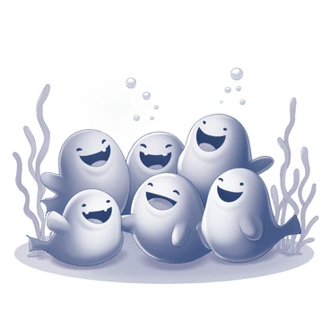 A group of blobfish gathered together in an underwater setting. The blobfish are displaying wide, cheerful expressions as they interact with one another. Surrounding them are strands of seaweed swaying gently with the currents, forming an organic backdrop. Bubbles rise from the fish, creating an atmosphere of playfulness. The scene captures the joy of the underwater gathering with dynamic poses and interactions among the blobfish.