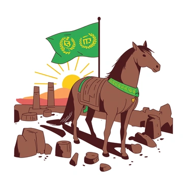 A brown wooden Trojan Horse stands prominently in the center of the image. The horse is intricately carved, showcasing details of its structure. Draped over the horse is a green Greek banner, fluttering gently in the breeze. The banner features golden symbols of victory, such as laurel wreaths and Greek patterns. Surrounding the horse are ancient stone ruins, hinting at a historical battlefield. The setting sun casts long shadows, enhancing the scene's atmosphere.