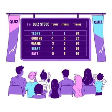 A large electronic scoreboard is mounted on a wall, showcasing the scores of a live quiz competition. The scoreboard features bright, bold numbers indicating the current scores of the participating teams. Flanking the scoreboard are colorful banners displaying the names of the teams in contrasting colors. Below the scoreboard, a group of engaged spectators can be seen, attentively watching the competition. The atmosphere is lively, with some spectators holding scorecards and others cheering enthusiastically.
