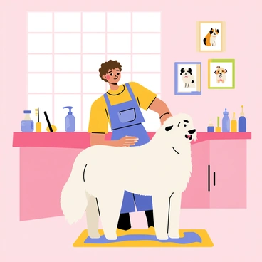 A pet groomer gently brushing a fluffy dog in a bright grooming salon