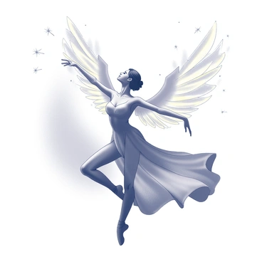 A dancer in a flowing costume, with wings that appear as if they are made of flames. The dancer is mid-motion, arms extended and body arched, showcasing elegance and strength. Surrounding the dancer are sparks flying in various directions, creating a dynamic atmosphere. The background features an indistinct blend that enhances the focus on the dancer and the vibrant display of wings.