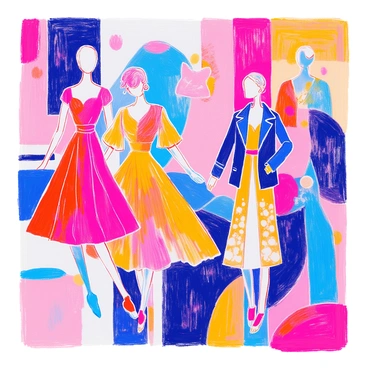 A collage features a variety of "abstract shapes and forms" inspired by "fashion silhouettes." The composition includes "curved and angular shapes" in a range of colors, creating a dynamic interplay. Each silhouette is distinct, showcasing "dresses, jackets, and accessories" with flowing lines and geometric patterns. The background consists of "layered textures," enhancing the overall visual depth while keeping the focus on the "fashion-inspired forms." Different sizes and orientations of the silhouettes contribute to a sense of movement within the arrangement.