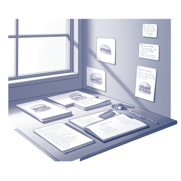 A workspace filled with various sketches of "croque monsieur" designs. Papers are strewn across the table, displaying detailed drawings of sandwiches with layers of cheese and ham. Drawing utensils, such as pencils and erasers, are visible among the sketches. A notepad lies open, filled with culinary inspirations and notes about flavor combinations. The walls are adorned with additional culinary illustrations, creating an immersive environment. Natural light streams in from a nearby window, highlighting the creative chaos of the workspace.