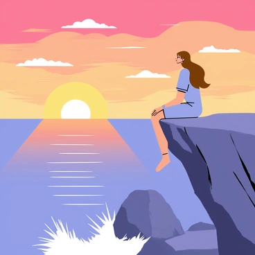 A girl with long brown hair, wearing a light blue dress, is sitting on the edge of a rocky cliff. The sky displays a vibrant sunset with shades of orange, pink, and purple blending together. The girl gazes towards the horizon, her expression contemplative. Below the cliff, the ocean sparkles with reflections of the colorful sky. Gentle waves crash against the rocks, creating a sense of tranquility in the scene. Soft clouds drift lazily in the sky, enhancing the peaceful atmosphere.