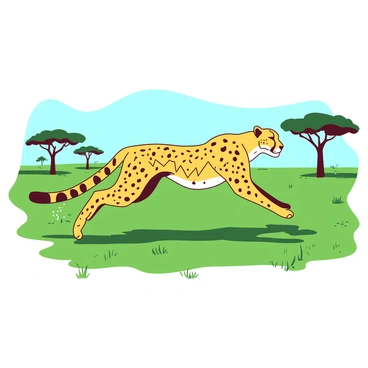 A yellow cheetah is sprinting across an expansive green savannah. Its body is sleek and muscular, with spots that resemble intricate data graphs displaying various trends and patterns. The cheetah's legs are extended powerfully as it moves swiftly, kicking up small tufts of grass. In the background, there are occasional acacia trees and a clear blue sky, emphasizing the vastness of the savannah. The sun casts shadows that highlight the contours of the cheetah's body and the unique designs of the spots.