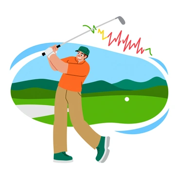 A golfer in a bright polo shirt and khaki shorts is taking a powerful swing with a golf club. The golfer is mid-motion, with their body turned and eyes focused on the ball. In the background, a lush green golf course stretches out, complete with rolling hills and a clear blue sky. Above the golfer, a vibrant heart rate graphic displays fluctuating lines and spikes, visually representing their excitement levels. The graphic is colorful, featuring a mix of red, green, and blue tones, and stands out against the background.
