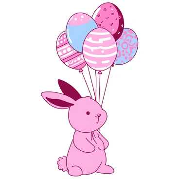 A pink bunny stands upright, holding a cluster of balloons shaped like Easter eggs in its front paws. Each balloon is decorated with vibrant patterns and colors, including stripes, polka dots, and floral designs. The bunny has large, floppy ears and a soft, fluffy tail, enhancing its adorable appearance. The scene is set against a simple backdrop that allows the colors of the balloons and the bunny to stand out prominently. The balloons are floating gently above the bunny, creating a cheerful and festive atmosphere.
