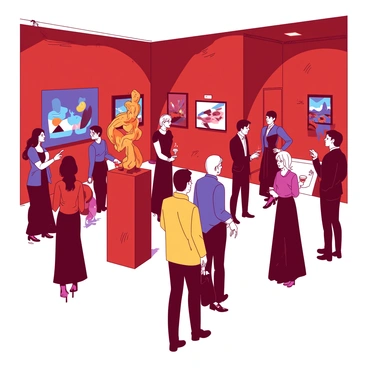 A duotone illustration featuring a red art gallery interior bustling with guests. The guests, dressed in elegant attire, are scattered throughout the gallery, engaged in conversations and admiring various colorful artworks on the walls. Some guests are pointing at a large blue abstract painting while others are discussing a detailed orange sculpture displayed on a pedestal. The lighting is warm, highlighting the intricate details of each art piece, and a few guests are holding drinks while enjoying the atmosphere of the opening event.