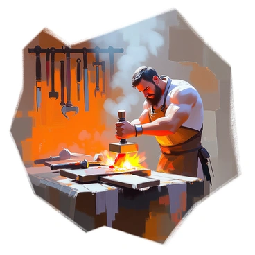 A Gallic blacksmith with a muscular build and long hair is focused on crafting weapons in a smoky forge. He is positioned near a roaring fire, where glowing embers are scattered around. The blacksmith is using a hammer to shape a glowing sword on an anvil, sweat glistening on his forehead as he concentrates on his work. The background shows various tools hanging on the walls, along with half-finished weapons and large metal sheets lying on a workbench covered in soot. Smoke fills the air, creating a dense atmosphere around the forge. The light from the flames casts a warm glow, illuminating the scene.