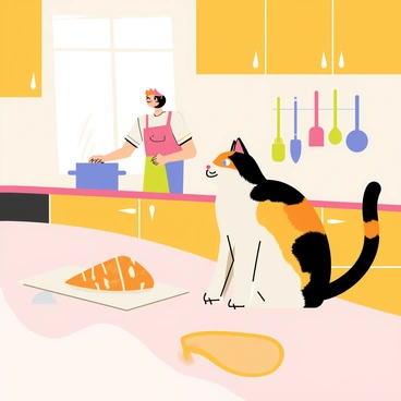A calico cat with patches of orange, black, and white fur is sitting on a kitchen counter. The cat is intently watching its owner, who is standing at the stove, stirring a pot. The owner is dressed in a colorful apron and has a focused expression. A piece of fish is placed on a cutting board nearby, glistening under the kitchen lights. The kitchen has wooden cabinets and various cooking utensils hanging on the walls. The scene captures the cat's curious gaze fixed on the fish, highlighting its anticipation.