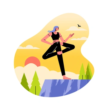 A woman in a black yoga outfit is performing a balancing yoga pose on a rocky cliff. She has long, flowing hair that gently sways in the morning breeze. The background features a bright sunrise casting warm orange and yellow hues across the sky. Lush green trees are visible below the cliff, framing the scene with natural beauty. Small birds can be seen flying in the distance, complementing the tranquil atmosphere.