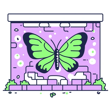 A city wall features a large graffiti art piece of a "papillon butterfly" with intricate details in its wings. The butterfly is centrally placed, showcasing its distinct shape and patterns. Surrounding the butterfly, there are abstract designs that enhance its presence on the wall, creating a lively interaction with the urban environment. The colors of the butterfly's wings are vivid, with distinct patterns that draw attention. Below the butterfly, there are elements of urban life, such as bricks and small weeds growing in the crevices, indicating the wall's age and the contrast between nature and city life.
