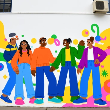 A vibrant mural depicting a group of diverse individuals standing together, each holding hands. The people represent various ethnicities and cultures, showcasing a range of skin tones, hairstyles, and clothing styles. Their expressions reflect joy and unity, with smiles and bright eyes. The background features colorful patterns and symbols that celebrate different cultures, enhancing the theme of community and togetherness. The mural is large and fills a wall, attracting attention with its lively colors and dynamic composition.