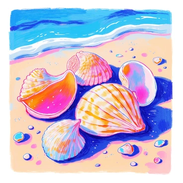 A collection of sea shells on the beach, illustrated sharply with intricate patterns and textures.