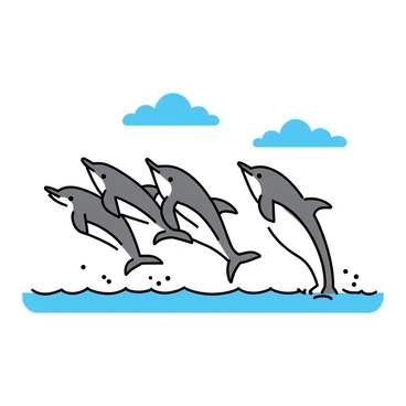 A pod of dolphins, expertly arching through the air, their glossy bodies glistening in the sunlight. The dolphins, each with a smooth, curved dorsal fin, are captured mid-leap against a backdrop of rolling ocean waves. The water splashes below them, creating small droplets that catch the light. In the distance, gentle swells of the ocean create a rhythmic pattern, with a clear blue sky above and some wispy clouds scattered across it.