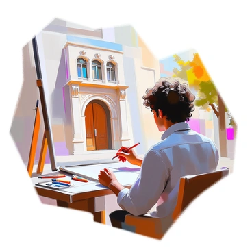 An artist with medium skin and curly hair is intently sketching the facade of a large historical building on an A3 illustration board. The artist is seated at a wooden table, surrounded by various art supplies including pencils and erasers. The building's facade features intricate architectural details, including ornate windows and a prominent entrance with decorative elements. The artist is holding a pencil in one hand and carefully adding details to the sketch, while the other hand supports the board. In the background, there are hints of a vibrant urban environment, with trees and other buildings visible.