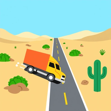 A large moving truck with bright colors driving along a long, straight desert highway. The road stretches into the distance under a clear blue sky. On either side of the highway, tall green cacti rise from the sandy ground, with some having long arms extending upwards. A few scattered shrubs and rocks add to the arid landscape, while soft, rolling dunes can be seen in the background. The truck is positioned slightly to the left, showcasing its side profile as it travels down the road.