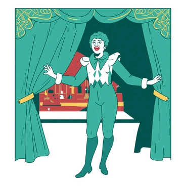 An arlequin with a diamond-patterned costume in shades of teal and white is standing in front of a large, ornate theatre curtain. The curtain is richly decorated with intricate golden embroidery and has a deep, rich texture. The arlequin is pulling the curtain back with both hands, revealing a glimpse of a vibrant stage beyond, filled with colorful props and soft lighting. The expression on the arlequin's face is one of excitement and playfulness as they prepare to unveil the performance to the audience.