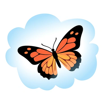 A single butterfly with vibrant wings is soaring through a clear blue sky. The butterfly showcases intricate patterns in its wings, featuring shades of orange and black. Below, soft white clouds drift gently, enhancing the sense of openness. The sky is a brilliant gradient of blue, creating a peaceful atmosphere.