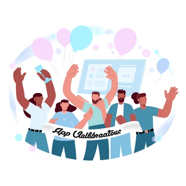 A group of individuals stands together in an office environment, all sharing in the excitement of a significant moment. Colorful balloons in various shades hover above them, adding a festive atmosphere. One person is raising a glass in a toast, while another is clapping their hands with enthusiasm. In the background, a large screen prominently displays the app interface, highlighting its features and design. The team members are dressed in casual attire, with a mix of short and long sleeves. A banner with the words "App Launch Celebration" is visible, further enhancing the celebratory scene.