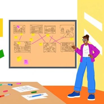 A storyboard artist is standing in front of a large corkboard filled with colorful sketches pinned to it. The artist, a young person wearing glasses and a creative outfit, is placing a new sketch onto the wall. The sketches depict various scenes from a cartoon episode, featuring exaggerated characters and dynamic action. Bright strings connect the sketches, mapping out the narrative flow. The room is filled with art supplies, including markers and sticky notes, scattered across a wooden table. Sunlight streams in through a nearby window, illuminating the creative workspace.