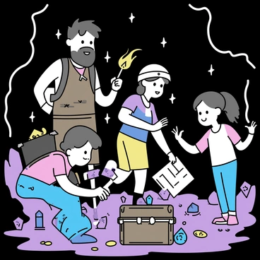 A group of four adventurers is exploring a dark cave filled with glittering crystals. The first adventurer, a tall man with a beard, is wearing rugged brown leather armor and holding a torch that illuminates the cavern walls. Next to him, a woman with a backpack is crouched down, examining a shiny crystal that is embedded in the ground. The third adventurer, a burly man with a helmet, is lifting a heavy chest adorned with intricate carvings, revealing glimpses of gold coins. The fourth member, a young woman with braids, stands nearby, scanning the cave with a map in her hands, her eyes wide with excitement. Various large crystals in shades of blue and purple surround them, casting reflections on the cave walls.