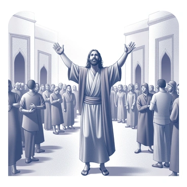 A man with long hair and a flowing garment stands at the center of a bustling town square. He is raising his arms in a passionate gesture as he addresses a diverse crowd. The people around him display various expressions, including curiosity and concern. The architecture of Nineveh is visible in the background, characterized by large stone buildings and ornate doorways. Some crowd members are listening intently, while others appear to be discussing among themselves. The atmosphere is filled with energy and tension as the sermon unfolds.