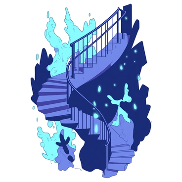 A winding staircase with a sleek design is floating in mid-air, its banister elegantly curved. The staircase is illuminated by eerie lights that cast an otherworldly glow, creating shadows that dance along its steps. Surrounding the staircase are translucent spirits, each with a distinct ethereal appearance, drifting gently upward and downward. Some spirits have elongated forms, while others have flowing shapes, contributing to the mystical atmosphere. The entire scene is enveloped in a soft, dim light that enhances the haunting yet captivating ambiance.