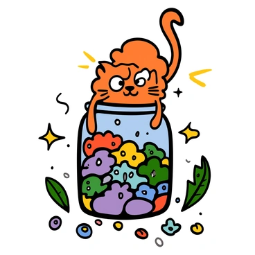 A cute cat with fluffy fur and large eyes is peeking over the edge of a glass jar filled with colorful magical ingredients. The jar is brimming with sparkling powders, shimmering crystals, and glowing liquids. The cat's ears are perked up, and it has an expression of mischief on its face as it prepares to leap into the jar. Surrounding the jar, there are scattered herbs and shiny objects, indicating the cat’s playful exploration of the magical concoctions.