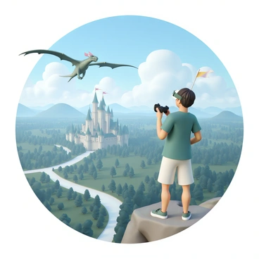 A player wearing a virtual reality headset, gripping a controller tightly in their hands. They are standing on a rocky outcrop, overlooking a vast fantastical game world. In the distance, a majestic castle with tall spires and flag banners flutters in the wind. To the left, a massive dragon with shimmering scales flies overhead, its wings spread wide as it soars through a bright blue sky. Lush green forests and winding rivers stretch out below, adding to the vibrant landscape. The player's body posture shows excitement as they gaze at the stunning scenery.