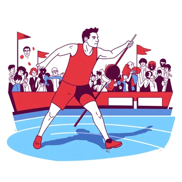 A dynamic scene captures an athlete with a determined expression, preparing to launch a shot put. The athlete is wearing a red jersey and has a focused stance, muscles tensed as they grip the heavy shot put with both hands. Surrounding them are spectators in the background, with flags waving. The surface beneath their feet is a vibrant blue track, contrasting with the red of the jersey. The atmosphere is filled with excitement, emphasizing the intensity of the competition as the athlete gets ready to make the throw.