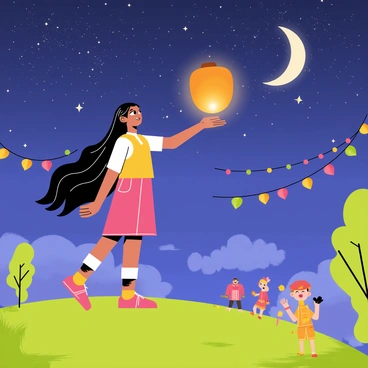 A girl with long, flowing black hair and a simple, colorful dress is standing on a grassy hill. She is holding a glowing orange lantern, preparing to release it into the night sky. Above her, a tapestry of twinkling stars is visible, with a soft crescent moon illuminating the scene. In the background, lively decorations such as colorful banners and paper lanterns are hung among the trees, creating a festive atmosphere. Small groups of people can be seen celebrating, laughing, and enjoying the festivities. The girl's expression is filled with wonder and excitement as she gazes at the lantern beginning to ascend, drifting upwards into the starlit sky.