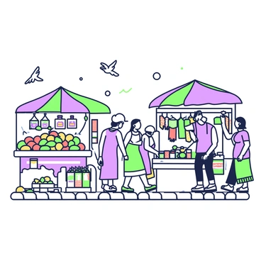 A bustling Malaysian street market is filled with various stalls. On the left, there is a stall overflowing with an array of colorful fruits, including bananas, mangoes, and durians, all displayed neatly. Next to it, another stall showcases vibrant spices in small packets and jars, with labels clearly visible. To the right, a textile stall features hanging fabrics in rich patterns, inviting customers to browse. People are walking through the market, engaging with the vendors and examining the goods. A few birds can be seen flitting above the scene, adding to the lively atmosphere. The ground is paved with stone tiles, and there are colorful umbrellas providing shade over some stalls.