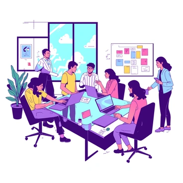 A vibrant modern office filled with young professionals engaged in collaboration. The room features large windows allowing natural light to flood in, illuminating sleek workstations with high-tech laptops. Some individuals are gathered around a glass conference table, discussing ideas and looking at a digital tablet. Others are standing near a whiteboard with colorful sticky notes and diagrams. The decor includes potted plants and abstract wall art, creating an energetic atmosphere. The office has an open layout, encouraging interaction among the team members.