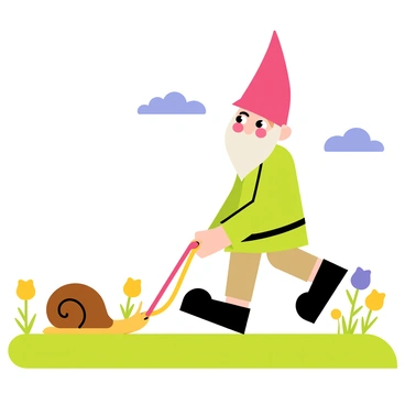 A garden gnome with a red pointy hat and a green tunic is walking a large brown pet snail on a colorful leash. The gnome has a white beard and rosy cheeks, displaying a cheerful expression. The scene features a grassy meadow filled with vibrant wildflowers in various colors, such as yellow, purple, and blue. In the background, there are a few fluffy white clouds in a clear blue sky, completing the playful outdoor atmosphere.